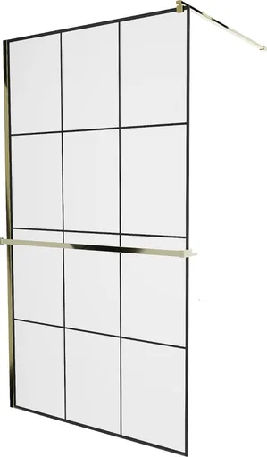 MEXEN/S - KIOTO Sprchová zástena WALK-IN s poličkou a držiakom uterákov 110 x 200, transparent/čierna 8 mm, zlatá 800-110-121-50-77