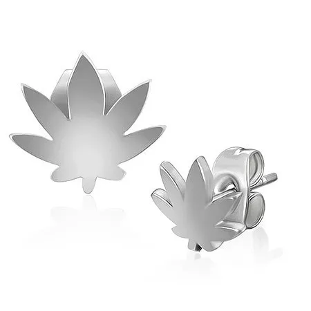 Puzetové náušnice, oceľ 316L, strieborná farba, marihuanový list