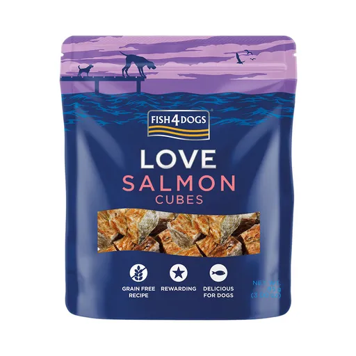 FISH4DOGS Maškrty pre psov LOVE s lososom - kocky 85 g