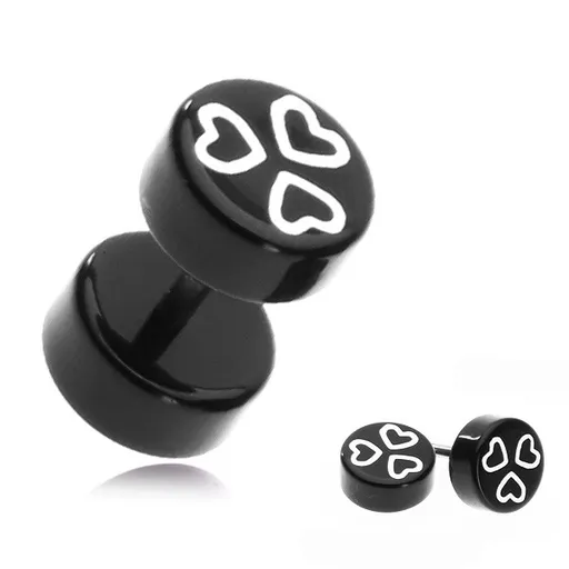 Falošný plug z akrylu  - biele srdcia na čiernom valci