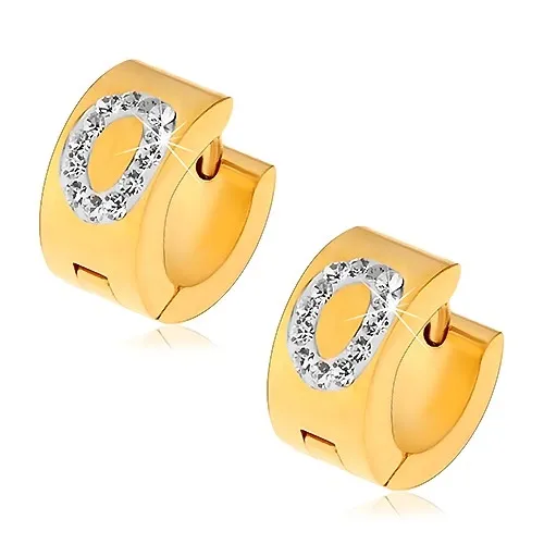 Náušnice z chirurgickej ocele zlatej farby, písmeno O vykladané čírymi zirkónmi