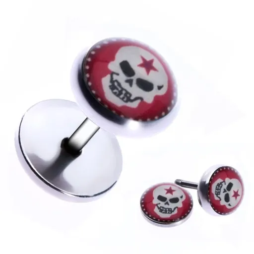 Falošný piercing do ucha z ocele - lebka s hviezdou na čele