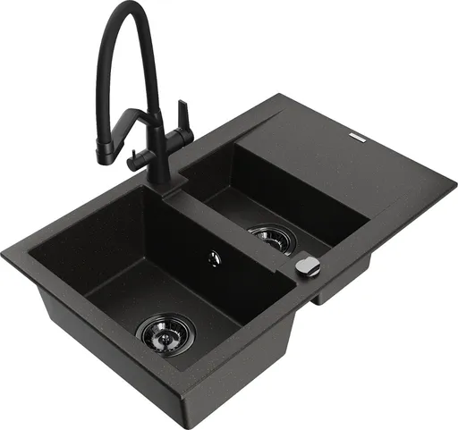 MEXEN/S MEXEN/S - Gaspar granitový drez 1.5 s odkvapkávačom vrátane batérie Duo, čierna/zlatá metalik 6507-75-671701-70-B