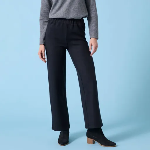 Široké úpletové jednofarebné nohavice s česaným rubom, pre nižšiu postavu