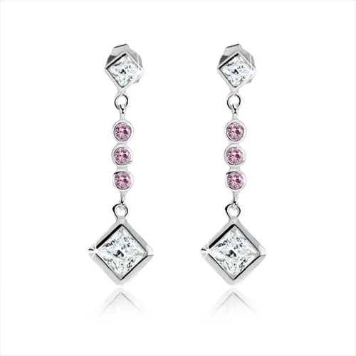 Náušnice zo striebra 925, zirkónové kosoštvorce, okrúhle fialové kamienky