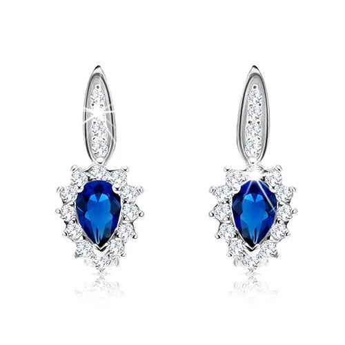 Strieborné 925 náušnice - modrý zirkón, číry lem, úzky pásik s čírymi zirkónikmi