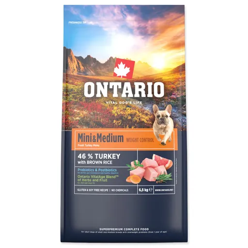 Krmivo Ontario Mini & Medium Weight Control Turkey & Brown Rice 6,5kg