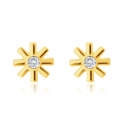 Zlaté 9K náušnice - kvietok, drobný okrúhly zirkón, tenké hladké lupienky, puzety