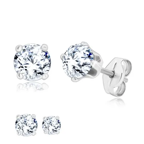 Náušnice zo striebra 925 - okrúhly zirkón v transparentnom odtieni, štyri paličky - Veľkosť zirkónu: 4 mm