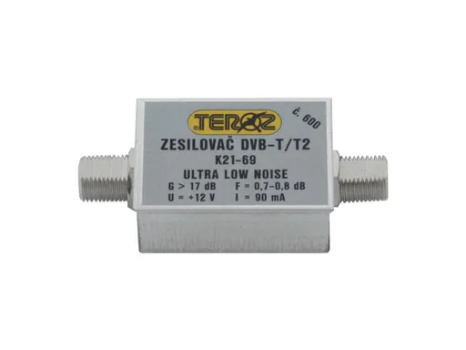 Anténny zosilňovač TEROZ 600X, nízkošumový, UHF, G17dB, F0,7dB, U> 120dBμV, F-F