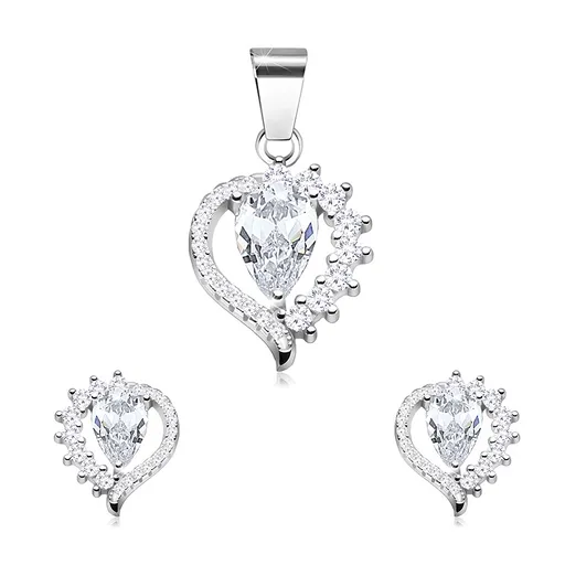 Strieborný set 925, náušnice a prívesok, kontúra kvapky, číre zirkóny