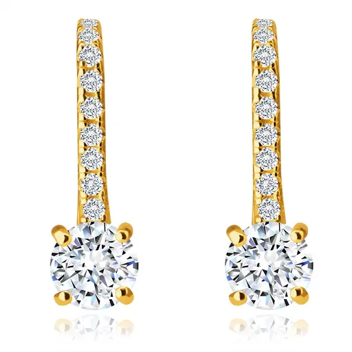 Zlaté 14K náušnice - číry trblietavý zirkón v okrúhlom kotlíku, línia drobných zirkónov, afroháčik