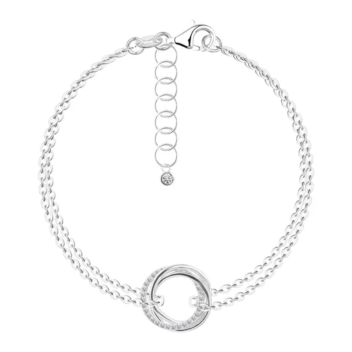 Náramok zo striebra 925 - tri prepletené kruhy, číre zirkóny, dvojitá retiazka