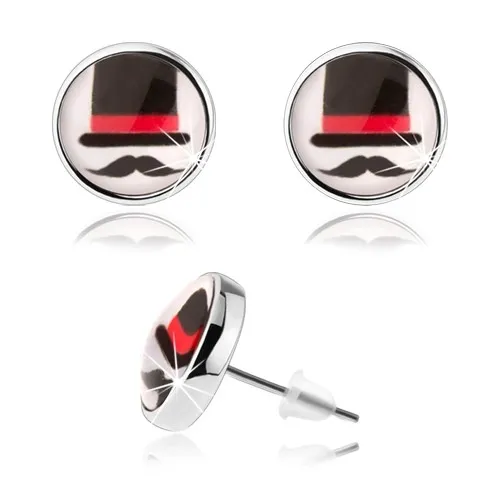 Puzetové náušnice cabochon, číra glazúra, klobúk a fúziky, biele pozadie