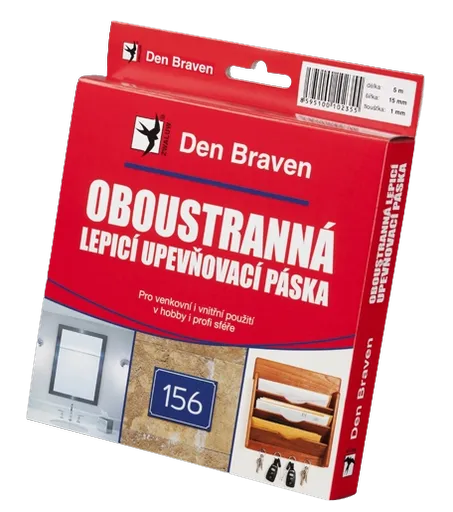 DEN BRAVEN - Obojstranne lepiaca a upevňovacia páska v krabičke (biela, 15 mm x 1 mm x 10 m)