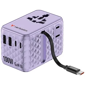 Verbatim 30193, Univerzálny cestovný adaptér Charge ,n, Travel 2x USB-C, 2X USB-A + 1x integrovaný kábel USB-C, fialová, 100 W