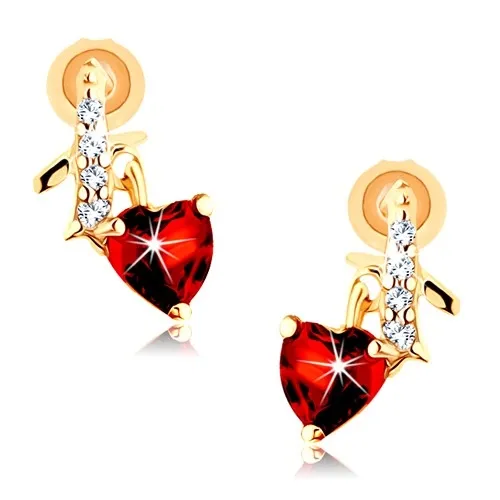 Zlaté náušnice 14K granátové srdce a zirkónová stuha