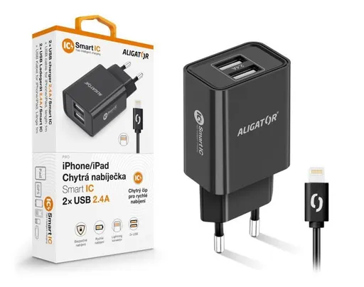Aligator sieťová nabíjačka, 2x USB, smart IC, 2, 4 A, kábel Lightning 2A, čierna