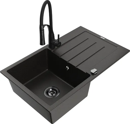 MEXEN/S MEXEN/S - Bruno granitový drez s odkvapkávačom vrátane batérie Aster, čierna/zlatá metalik 6513-75-73450-70-B