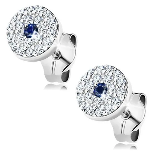 Náušnice v bielom 14K zlate - kruh zdobený čírymi zirkónikmi, modrý zafír v strede