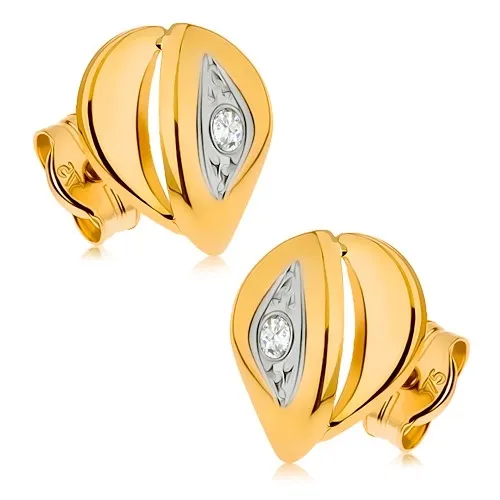 Zlaté náušnice 9K v tvare dvojitej slzy s čírym zirkónom