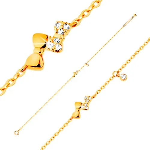 Náramok v žltom 14K zlate - dve ligotavé mašličky a číry zirkónik, retiazka