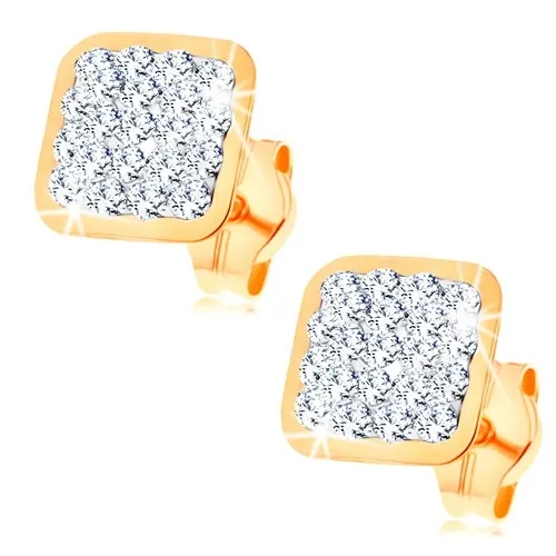 Náušnice v žltom 14K zlate - štvorček vykladaný čírymi Swarovského krištáľmi