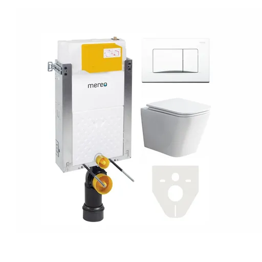 Mereo WC set - Rimless WC hranaté, modul na zamurovanie, biele hranaté tlačidlo MM01SETRB