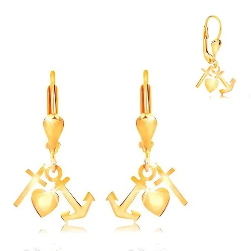 Zlaté 14K náušnice - lesklá obrátená slza, kotva, srdce a kríž