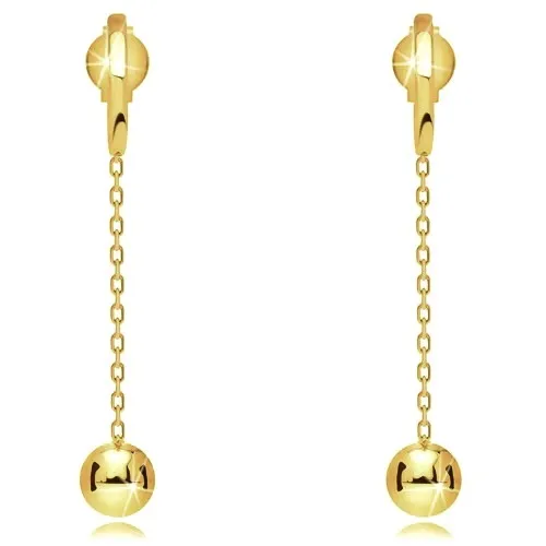 Náušnice zo žltého 9K zlata - úzky pásik, lesklá gulička na retiazke