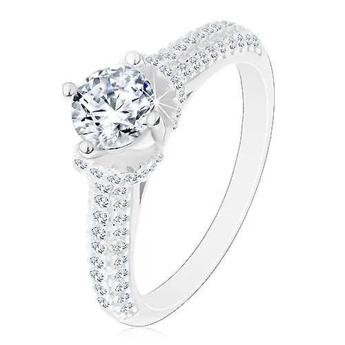 Strieborný prsteň 925, okrúhly číry zirkón, číre zirkónové ramená - Veľkosť: 49 mm