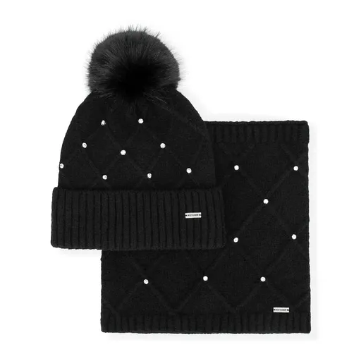 Dámsky čierny zimný set – čiapka s brmbolcom a nákrčník s ozdobným vzorom 101-SF-206-1