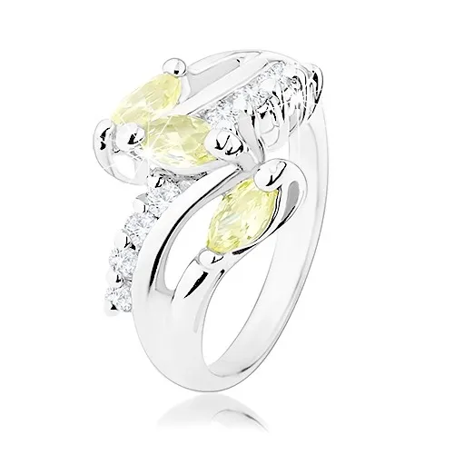 Prsteň v striebornom odtieni, číre zirkónové línie, žltozelené zrnká - Veľkosť: 51 mm