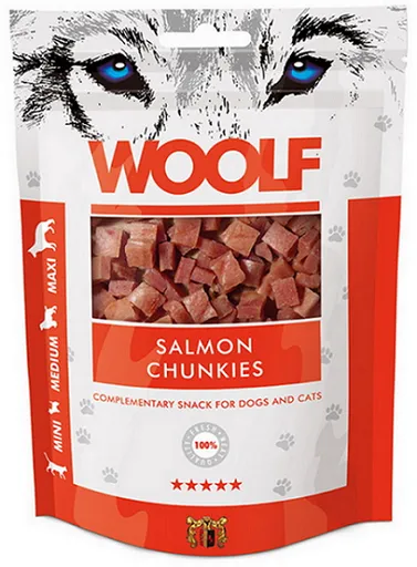 Maškrta Woolf Dog/Cat kúsky lososa pre psy a mačky 100g