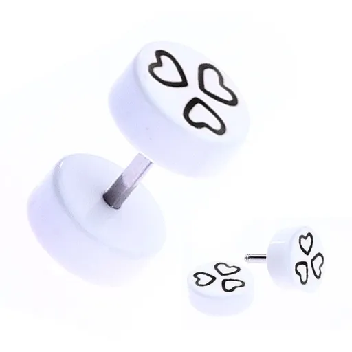 Falošný akrylový plug s čiernymi srdciami v kruhu