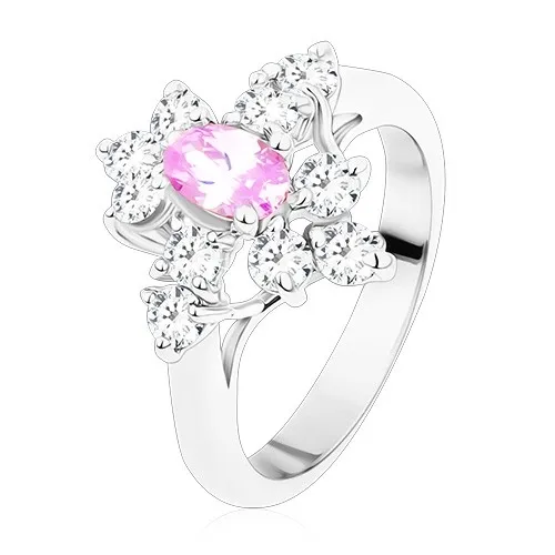 Prsteň s oválnym zirkónom vo svetlofialovej farbe, zúžené ramená, číre zirkóny - Veľkosť: 54 mm