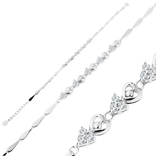 Nastaviteľný náramok, striebro 925, striedajúce sa lesklé a číre zirkónové srdcia