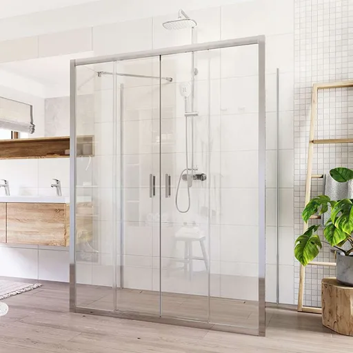 Mereo Sprchovací kút, Lima, obdĺžnik do priestoru U, štvordiel.,zasun.,90x140x90 cm, chróm ALU,sklo Číre CK85823K