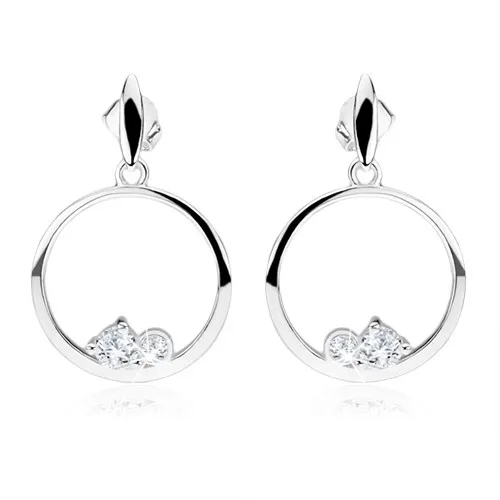 Strieborné náušnice 925, kruhy, dva číre okrúhle zirkóny, ovál