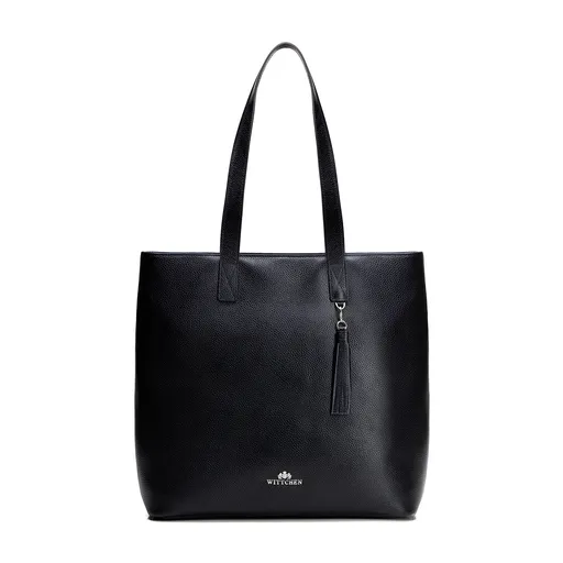 Dámska zvislá shopperka z kože čierna so strieborným logom 100-4E-622-1S