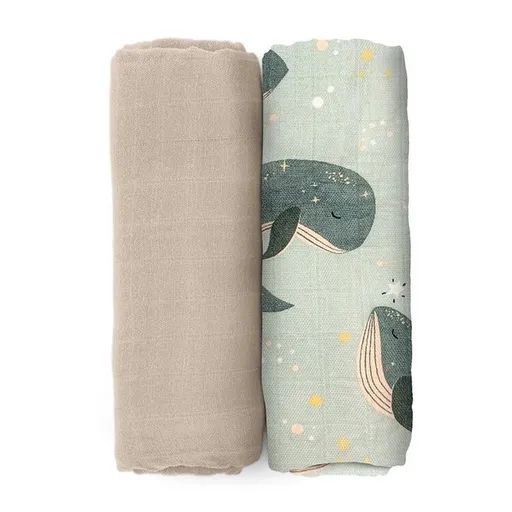 PETITE&MARS Prikrývka bambusová mušelínová 2ks Misty Whale Song 120 x 120 cm