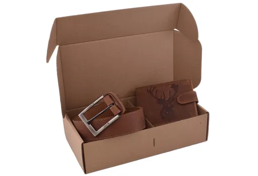 Poľovnícky darčekový set jeleň hlava - pánska peňaženka 2911906 a pánsky opasok svetlý šitý 747