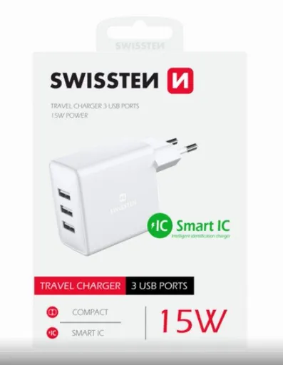 SWISSTEN SIEŤOVÝ ADAPTÉR 3x USB 3A 15W BIELÝ