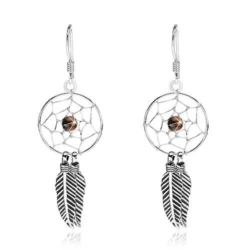 Náušnice zo striebra 925, lapač snov s čiernou korálkou a pierkami, 15 mm