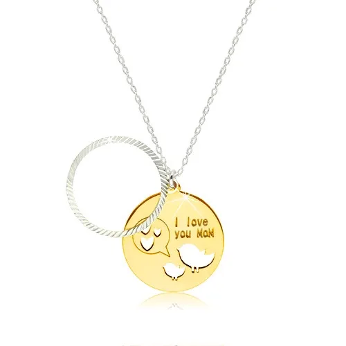 Lesklý náhrdelník zo strieba 925 - okrúhla známka s nápisom, vtáčikmi a srdiečkami