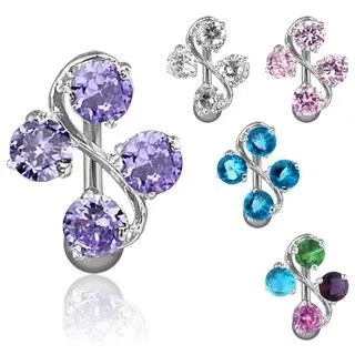 Oceľový piercing do pupku - esíčko a štyri farebné zirkóny - Farba zirkónu: Ružová - P