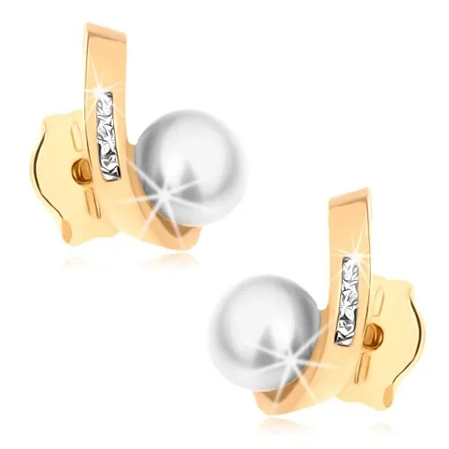 Puzetové náušnice zo žltého 9K zlata - guľatá perla, zahnutá línia so zirkónikmi
