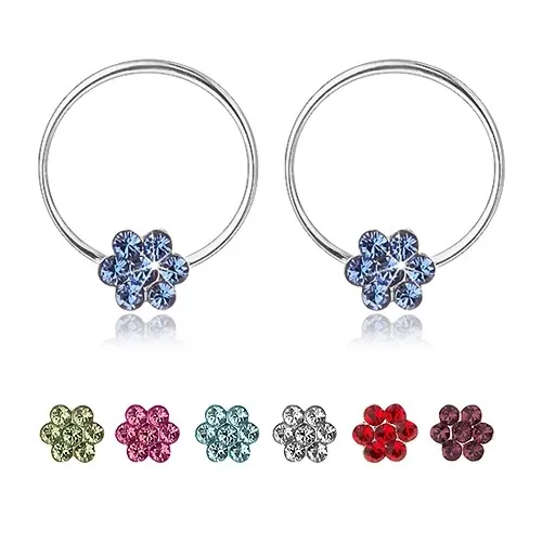 Náušnice zo striebra 925, tenký kruh s kvietkom zo Swarovského krištáľov - Farba: Fialová