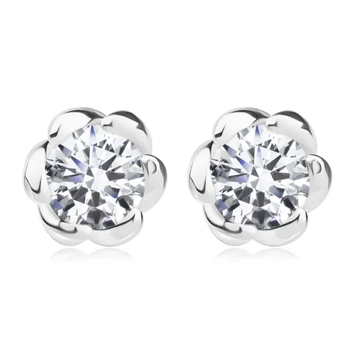 Náušnice zo striebra 925 - kvet s čírym zirkónom, šikmé lupene, puzetky