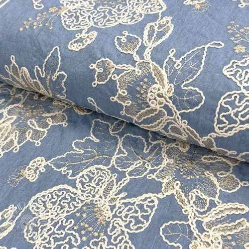 Bavlnená látka JEANS EMBROIDERY Bouquet light blue